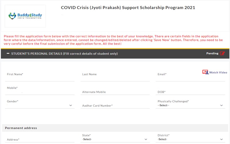 COVID Crisis (Jyoti Prakash) Support Scholarship Program