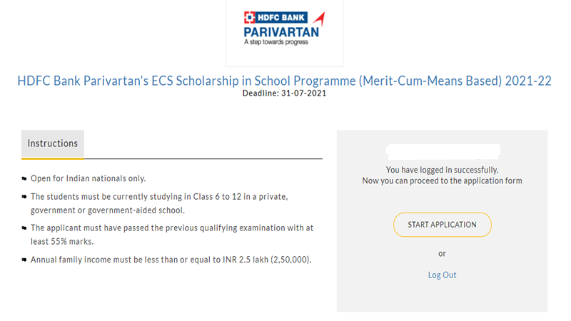 HDFC Bank Parivartan's ECS Scholarship - Start Application