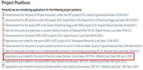 IIT Ropar DST TIH - AWaDH Post Doctoral Research Associateship