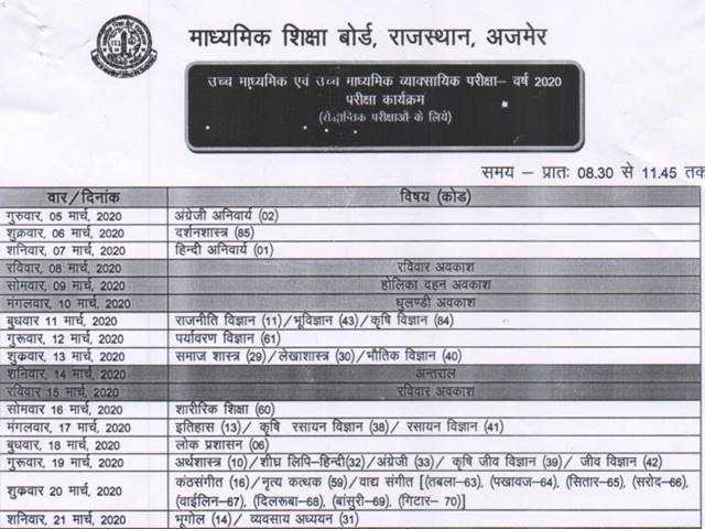 Rbse 12th Time Table 2020 Rajasthan Board 12th Time Table 2020